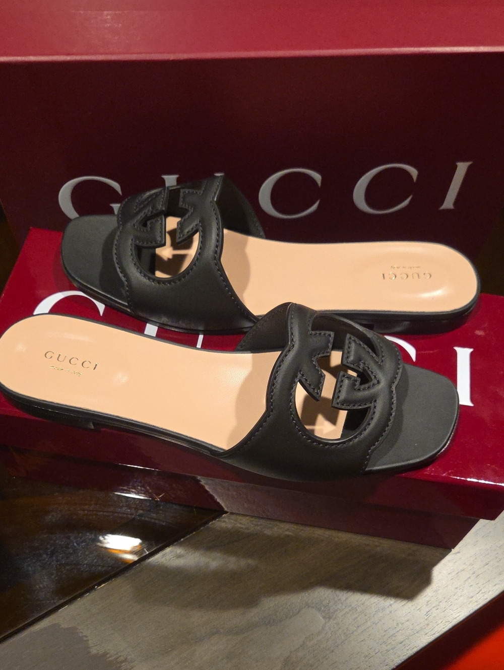 Gucci Black Leather Interlocking GG Slide Sandals